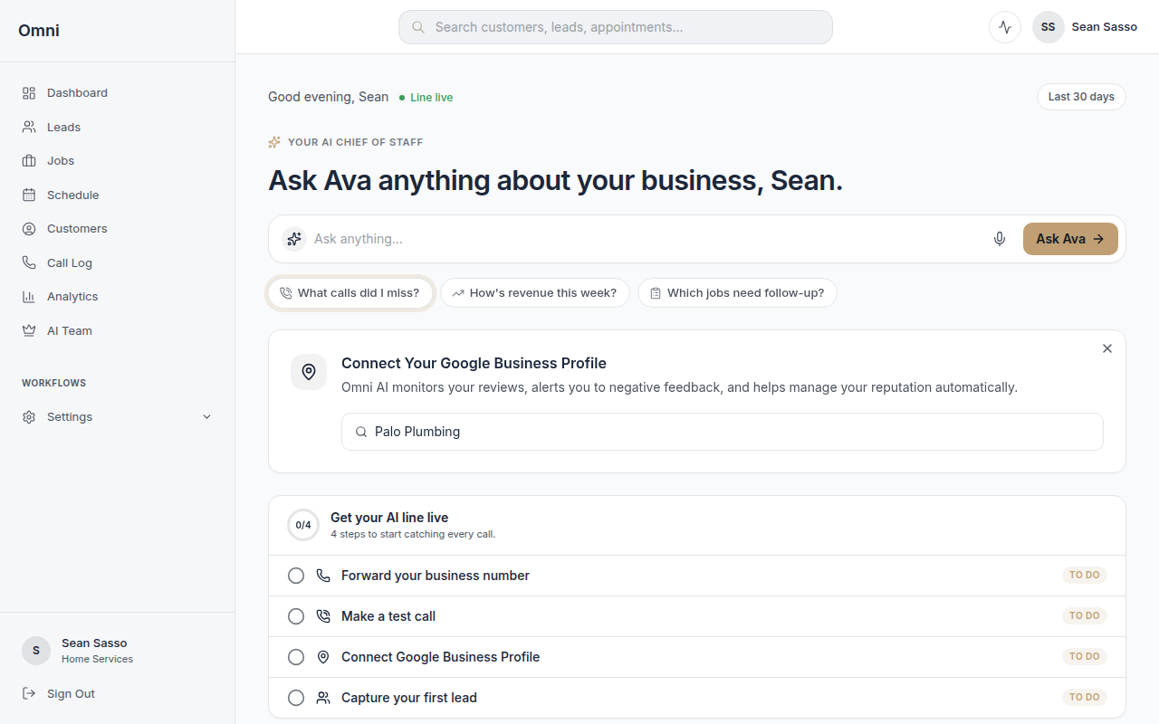 The Omni AI dashboard — search every customer, lead, and job from one box